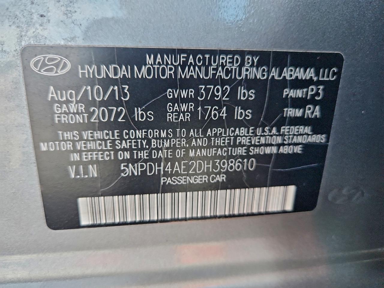 2013 Hyundai Elantra Gls VIN: 5NPDH4AE2DH398610 Lot: 93823665