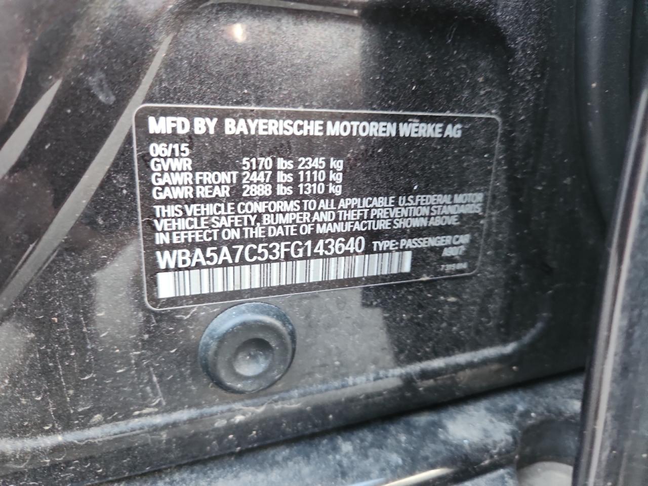 2015 BMW 528 Xi VIN: WBA5A7C53FG143640 Lot: 93483215