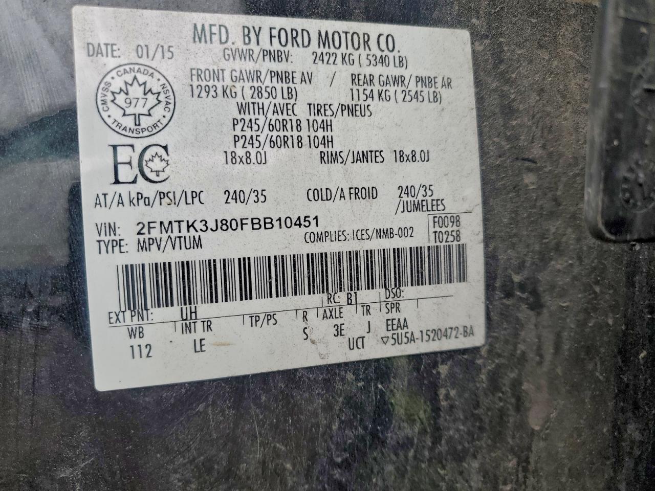 2015 Ford Edge Sel VIN: 2FMTK3J80FBB10451 Lot: 91650425