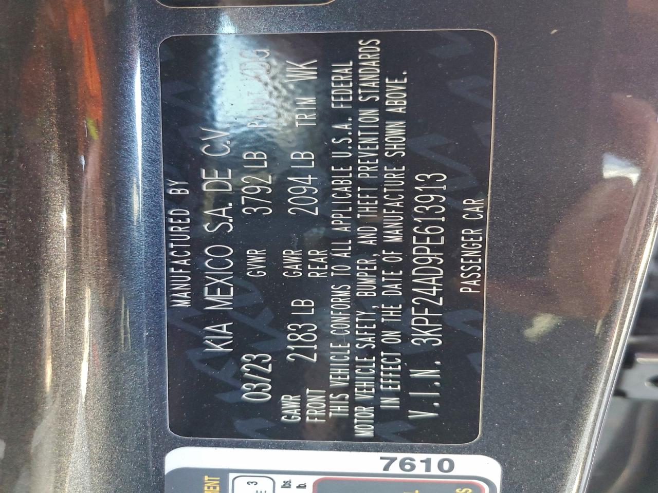 2023 Kia Forte Lx VIN: 3KPF24AD9PE613913 Lot: 94742785