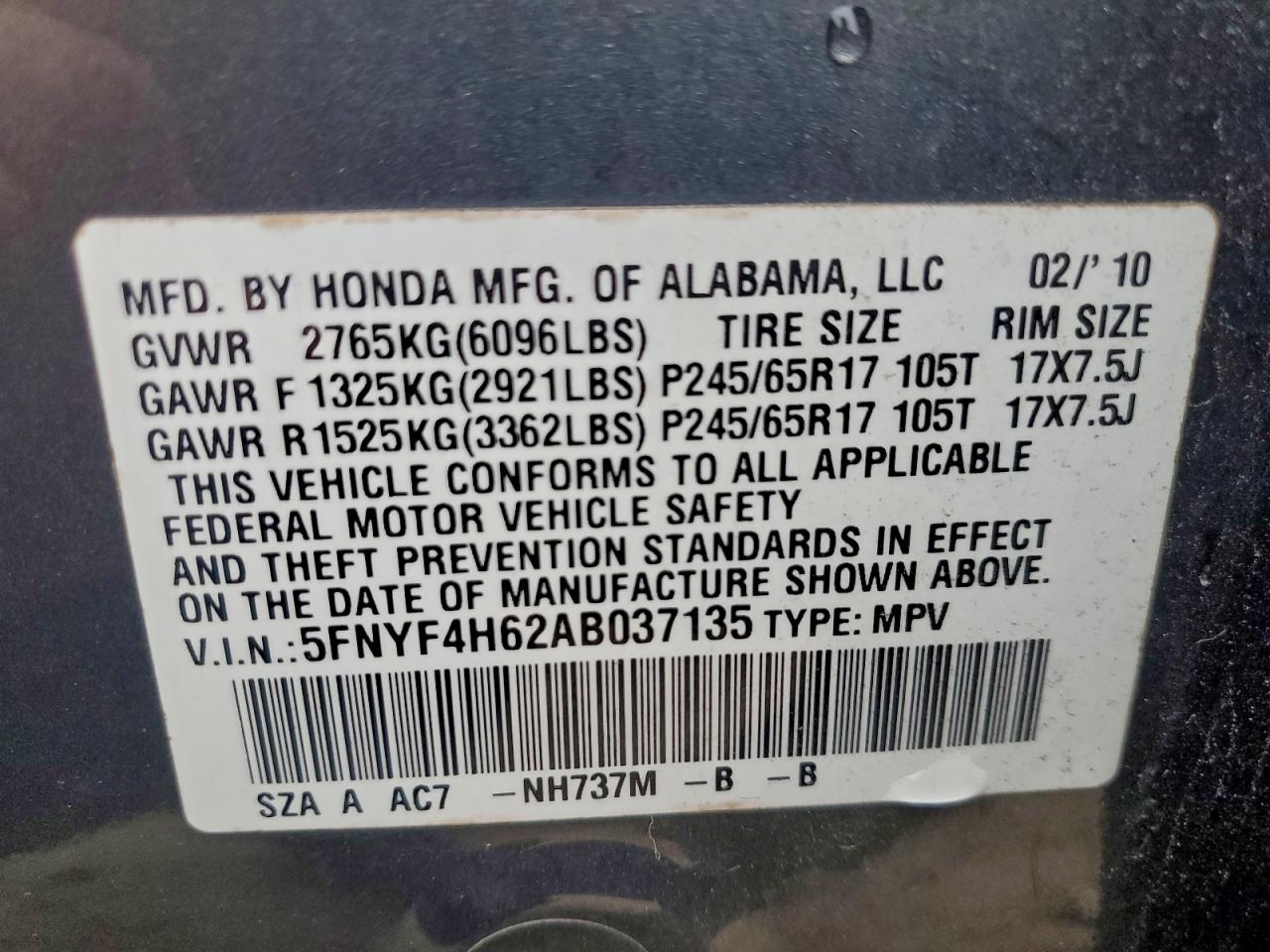 2010 Honda Pilot Exl VIN: 5FNYF4H62AB037135 Lot: 94424265