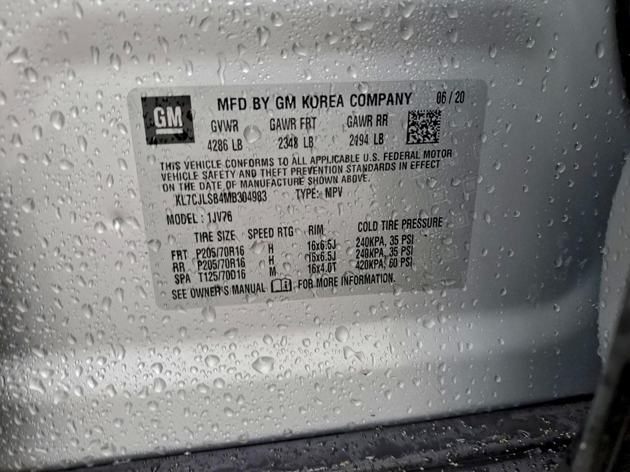 2021 Chevrolet Trax 1Lt VIN: KL7CJLSB4MB304983 Lot: 93825565