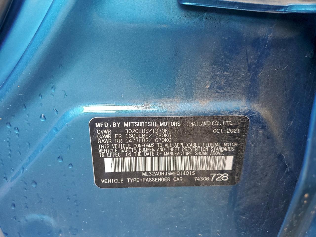 2021 Mitsubishi Mirage Es VIN: ML32AUHJ9MH014015 Lot: 93426555