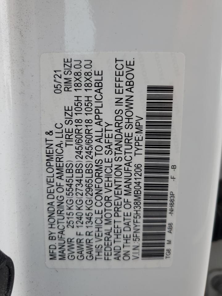 2021 Honda Pilot Ex VIN: 5FNYF5H38MB041206 Lot: 92903885