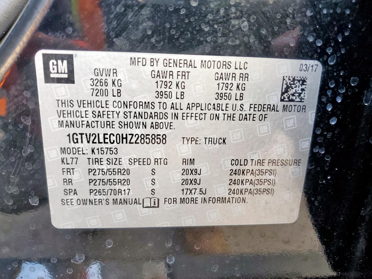 2017 GMC Sierra K1500 VIN: 1GTV2LEC0HZ285858 Lot: 93332055