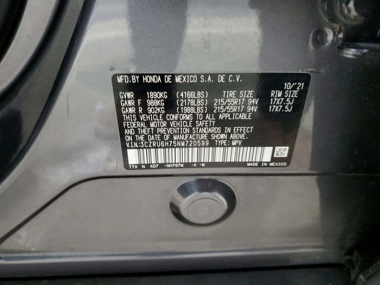 2022 Honda Hr-V Exl VIN: 3CZRU6H75NM720599 Lot: 93194535