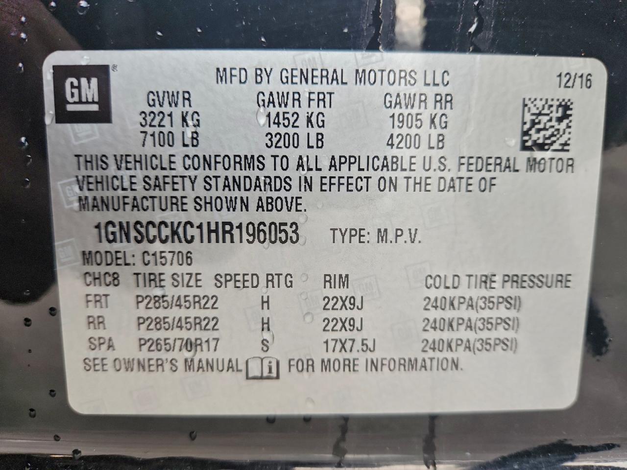 2017 Chevrolet Tahoe C1500 Premier VIN: 1GNSCCKC1HR196053 Lot: 93873965