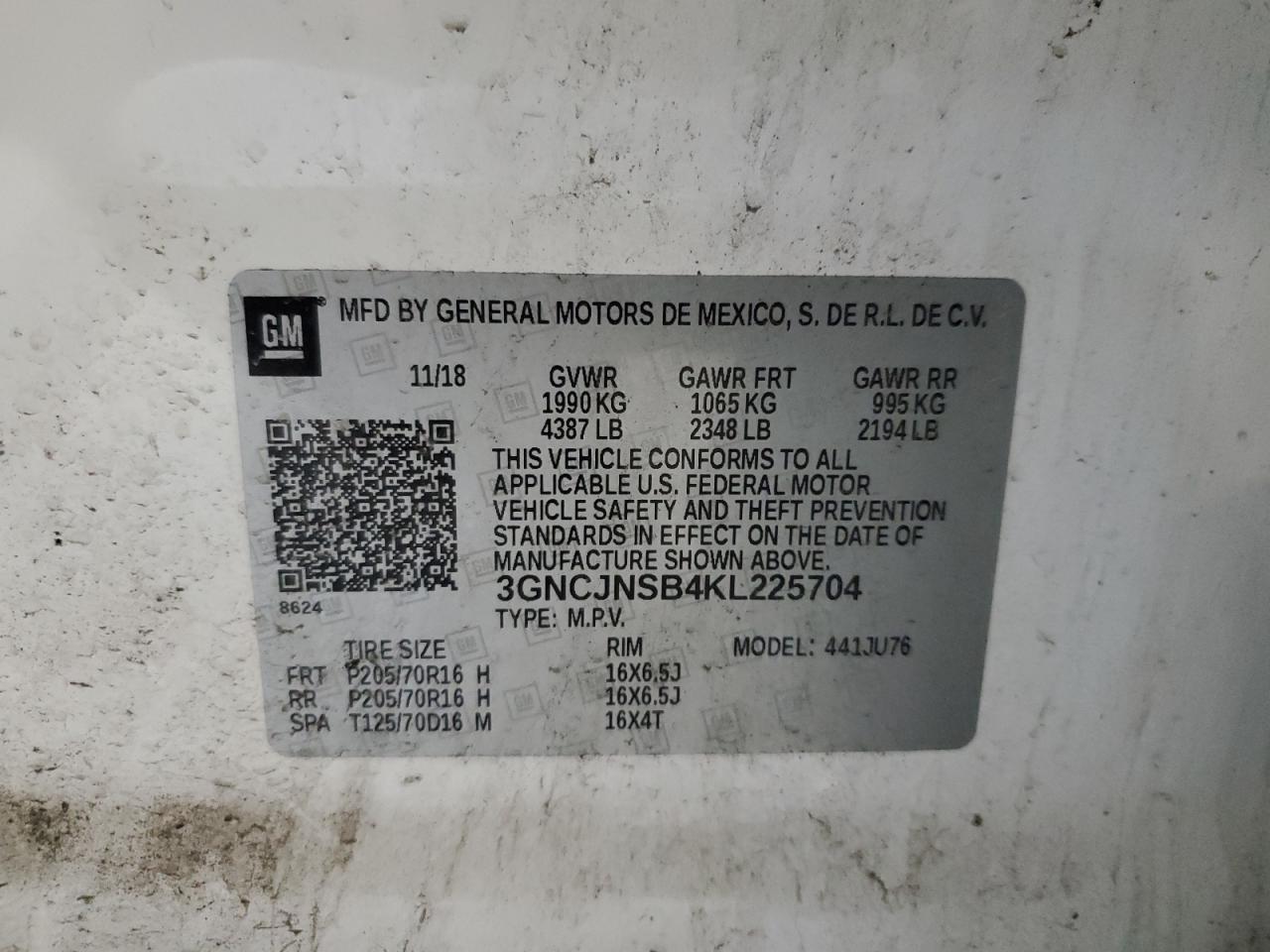 2019 Chevrolet Trax Ls VIN: 3GNCJNSB4KL225704 Lot: 91967515