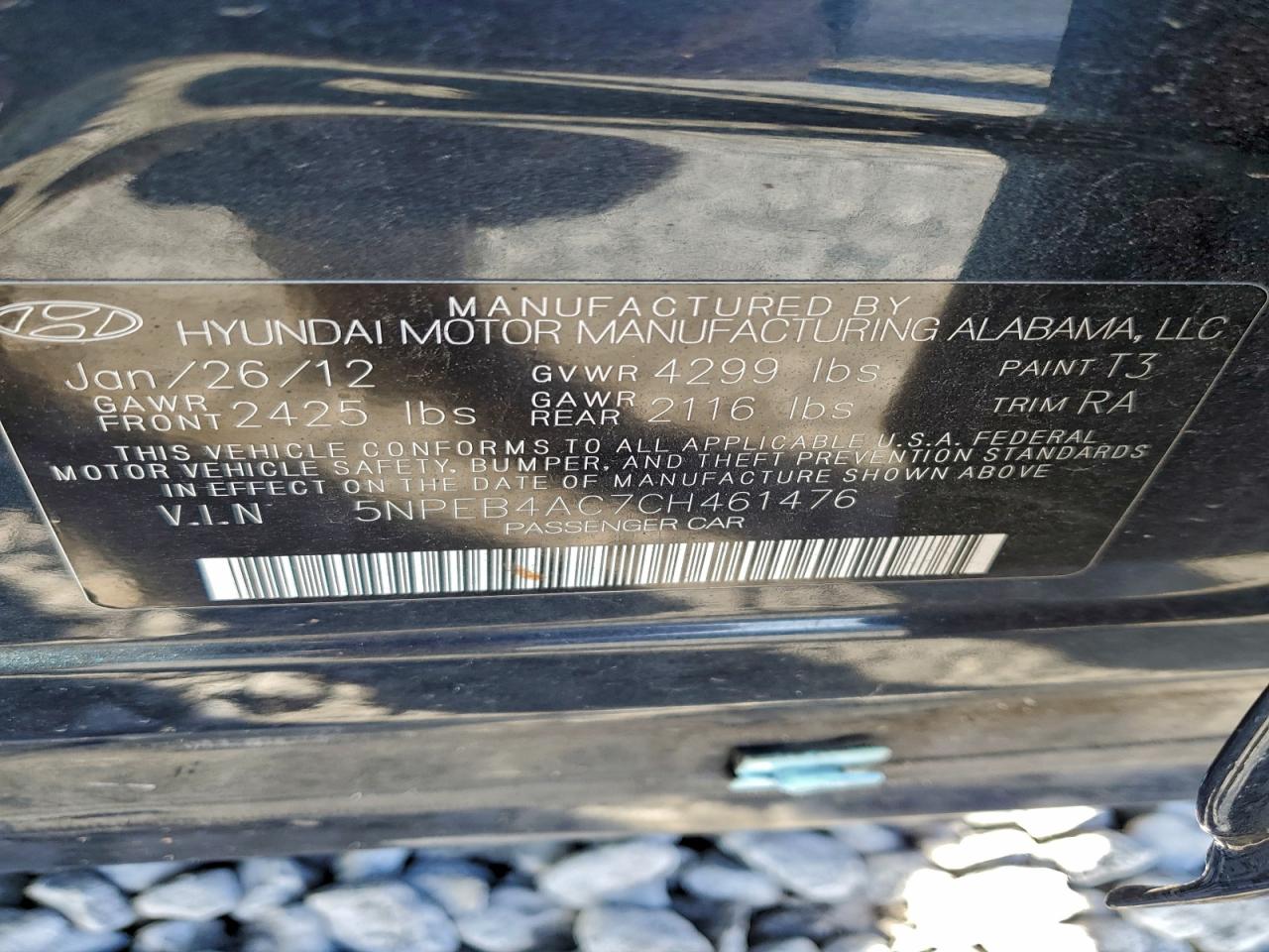 2012 Hyundai Sonata Gls VIN: 5NPEB4AC7CH461476 Lot: 94274075