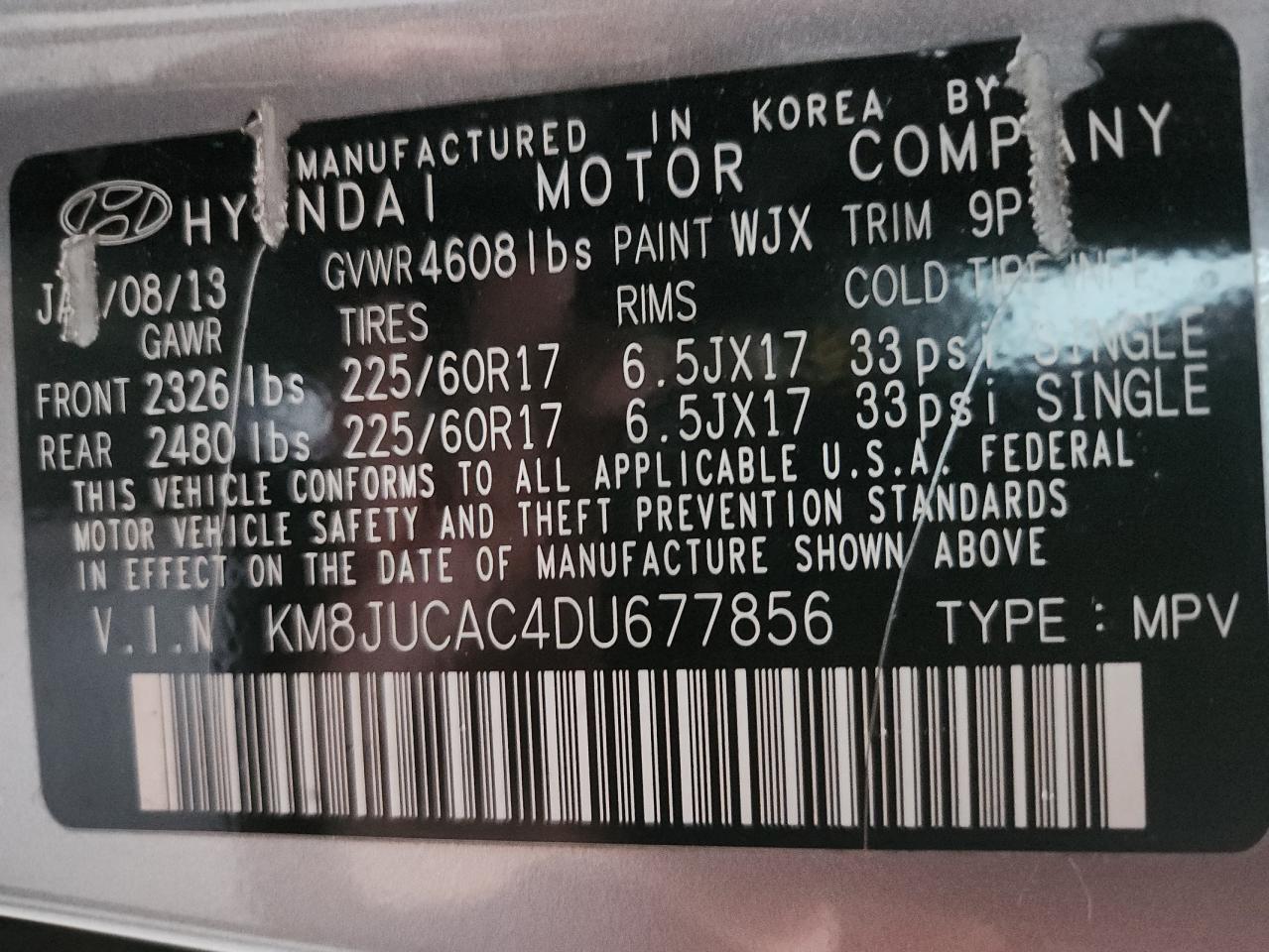 2013 Hyundai Tucson Gls VIN: KM8JUCAC4DU677856 Lot: 91066025