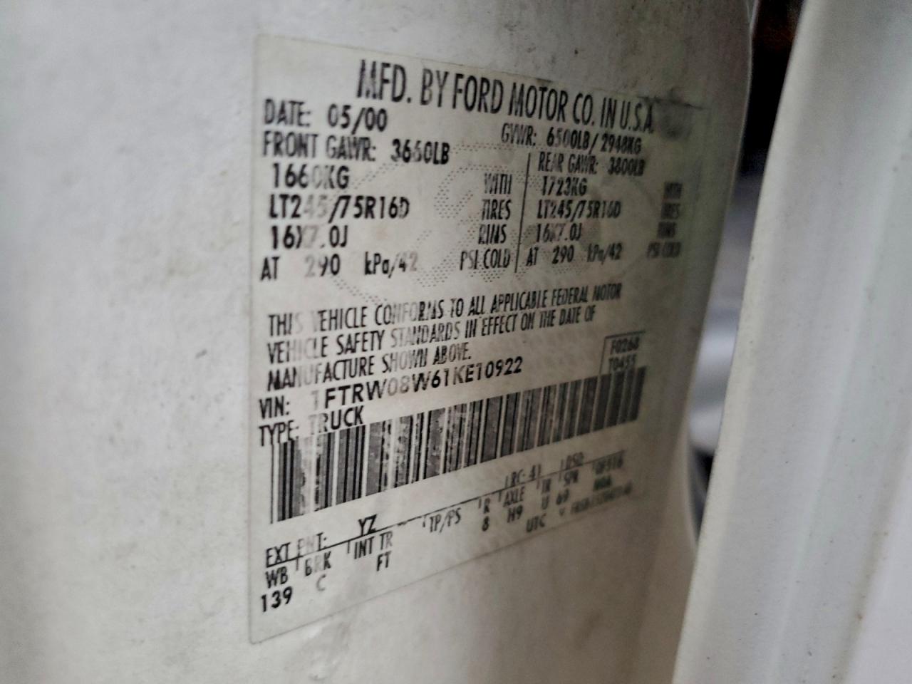 2001 Ford F150 Supercrew VIN: 1FTRW08W61KE10922 Lot: 93616065