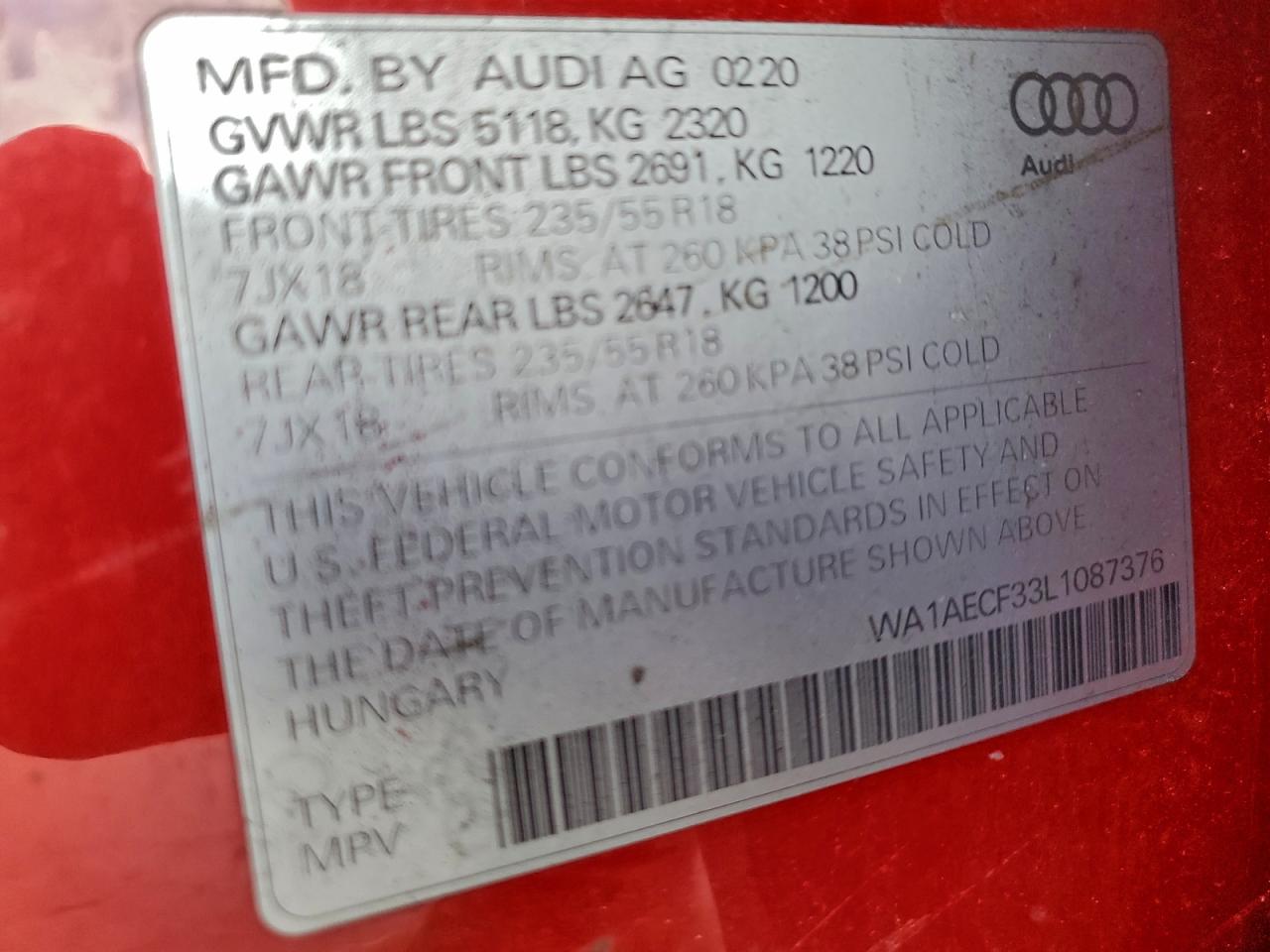 2020 Audi Q3 Premium VIN: WA1AECF33L1087376 Lot: 93715825