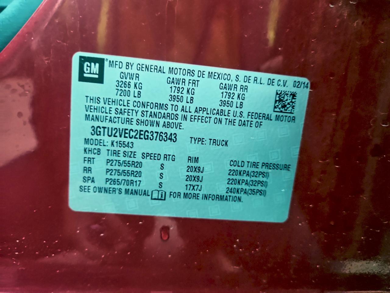 2014 GMC Sierra K1500 Slt VIN: 3GTU2VEC2EG376343 Lot: 93657405