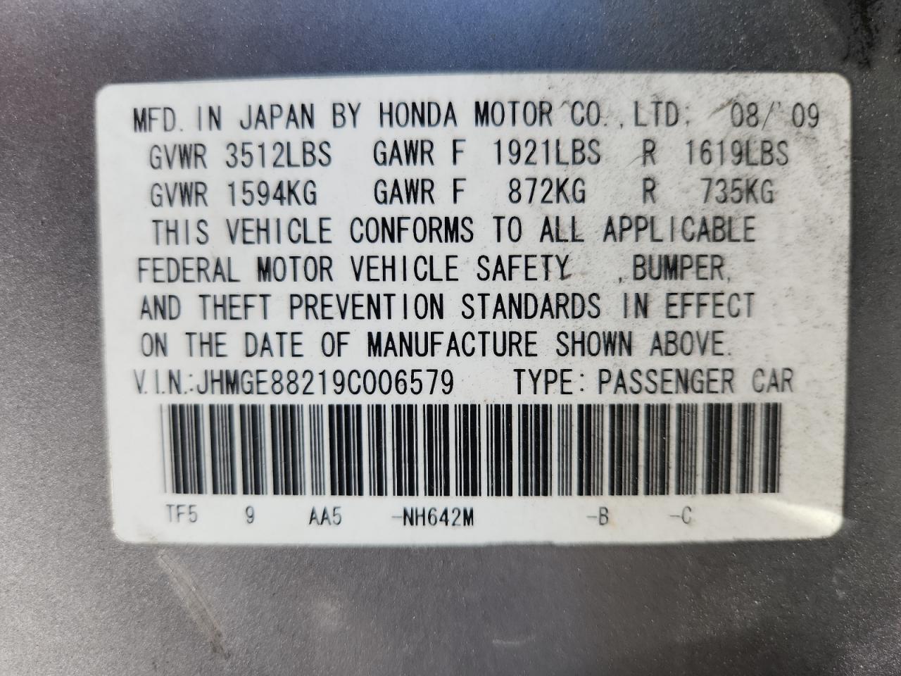 2009 Honda Fit VIN: JHMGE88219C006579 Lot: 91298605