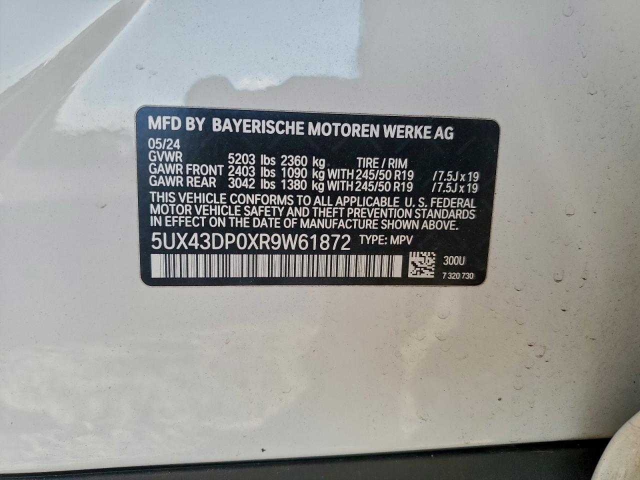 2024 BMW X3 Sdrive30I VIN: 5UX43DP0XR9W61872 Lot: 94391905