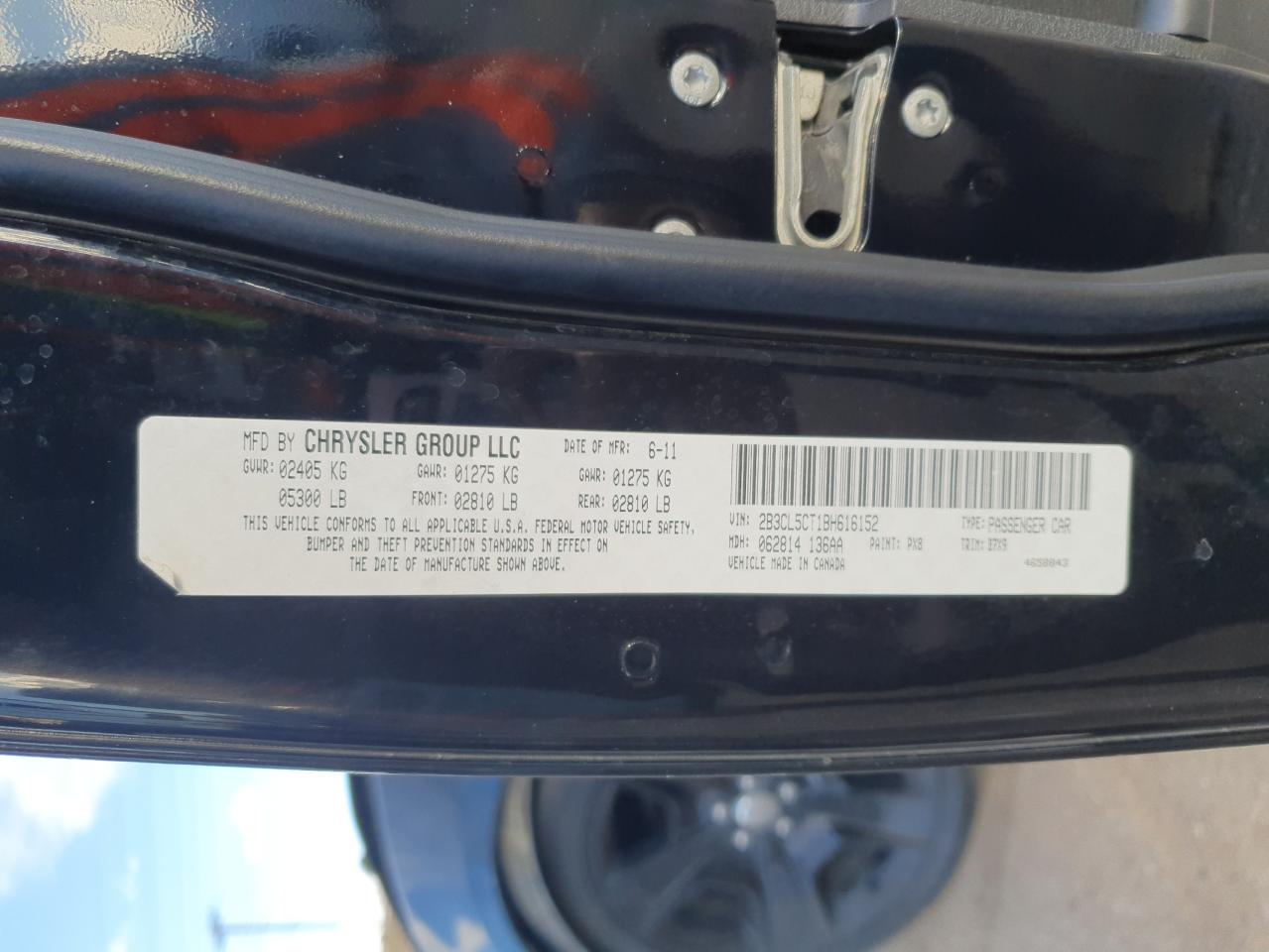 2011 Dodge Charger R/T VIN: 2B3CL5CT1BH616152 Lot: 93262915