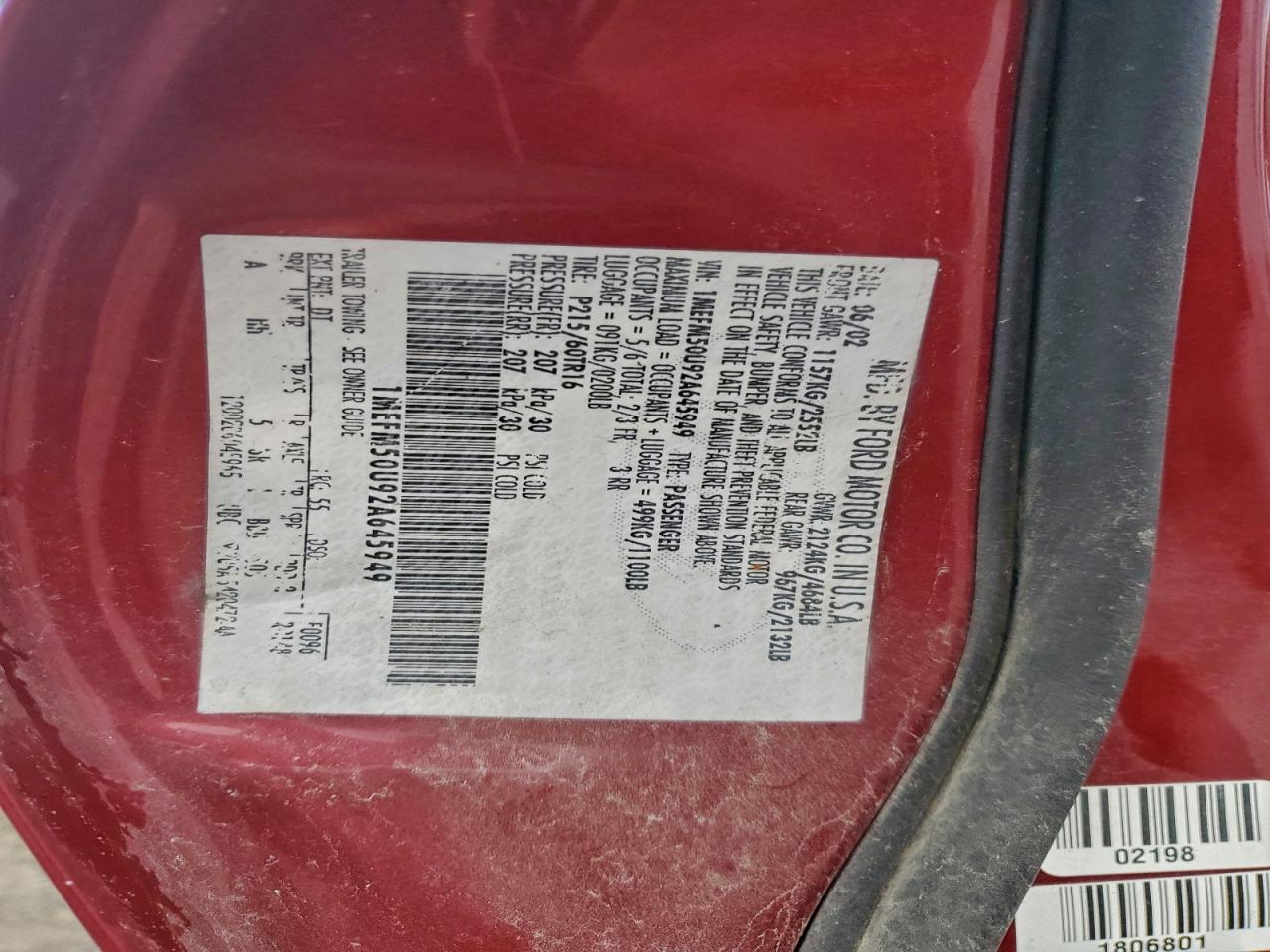 2002 Mercury Sable Gs VIN: 1MEFM50U92A645949 Lot: 94187845