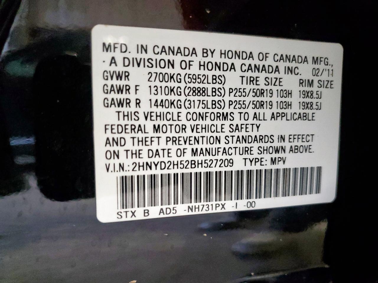 2011 Acura Mdx Advance VIN: 2HNYD2H52BH527209 Lot: 93142995