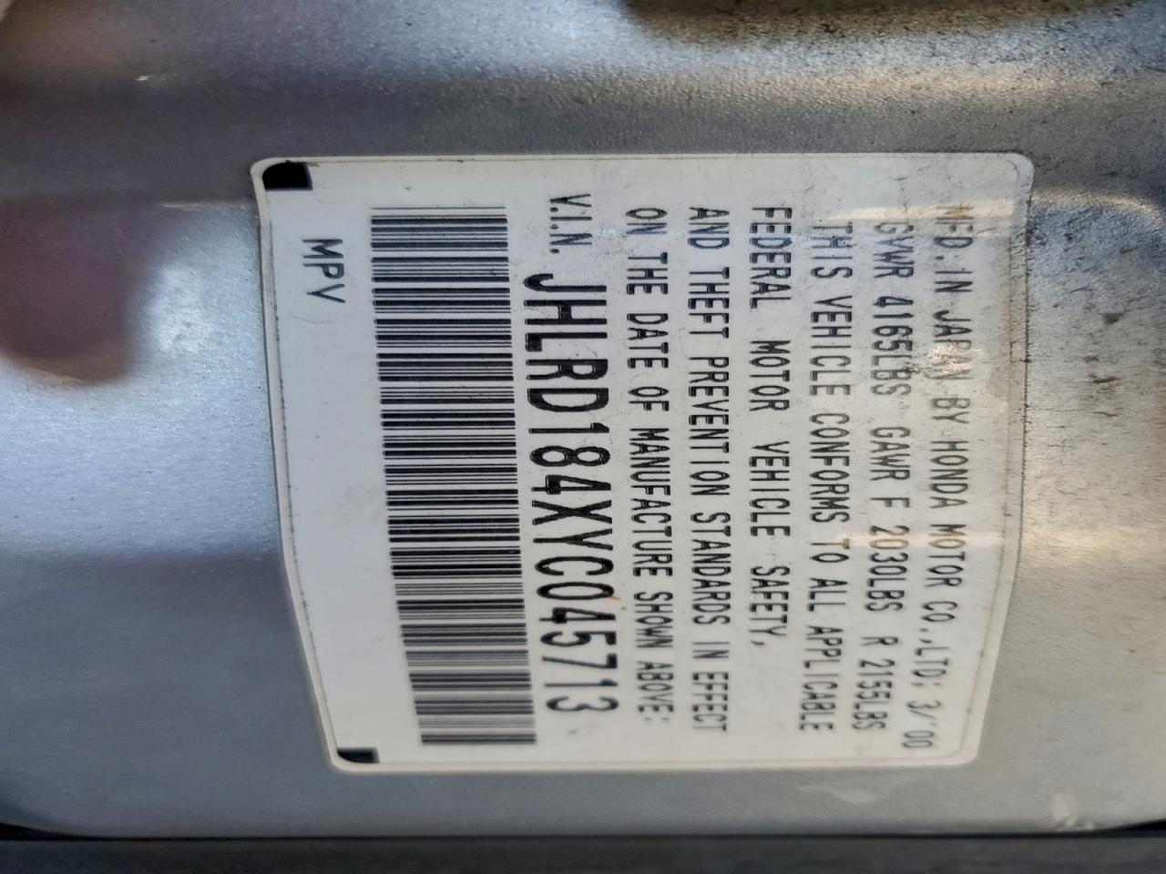 2000 Honda Cr-V Lx VIN: JHLRD184XYC045713 Lot: 93167185