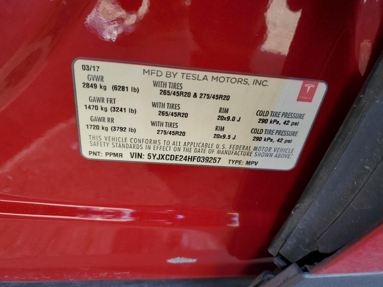 2017 Tesla Model X VIN: 5YJXCDE24HF039257 Lot: 91447325