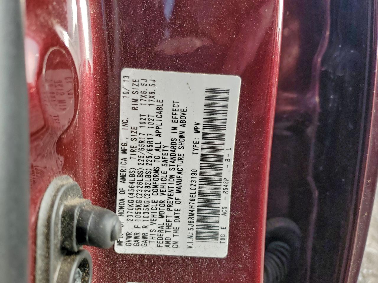 2014 Honda Cr-V Exl VIN: 5J6RM4H76EL023190 Lot: 93527185