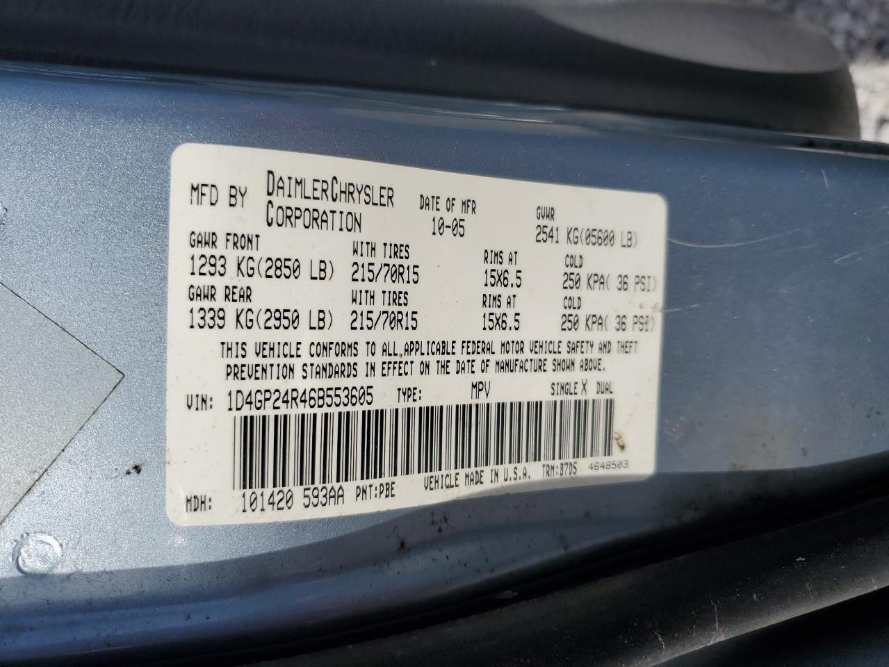 2006 Dodge Grand Caravan Se VIN: 1D4GP24R46B553605 Lot: 92037695
