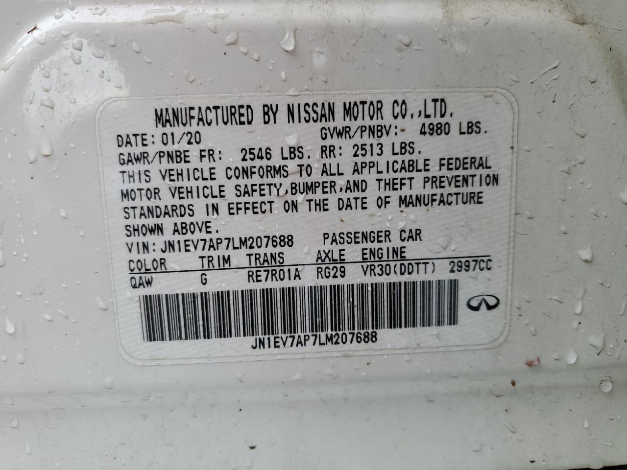 2020 Infiniti Q50 Pure VIN: JN1EV7AP7LM207688 Lot: 92745845