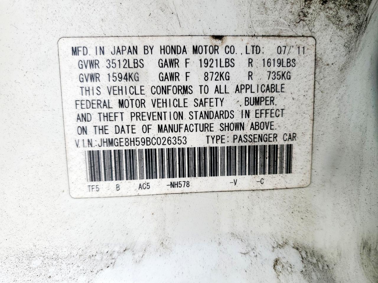 2011 Honda Fit Sport VIN: JHMGE8H59BC026353 Lot: 93231105