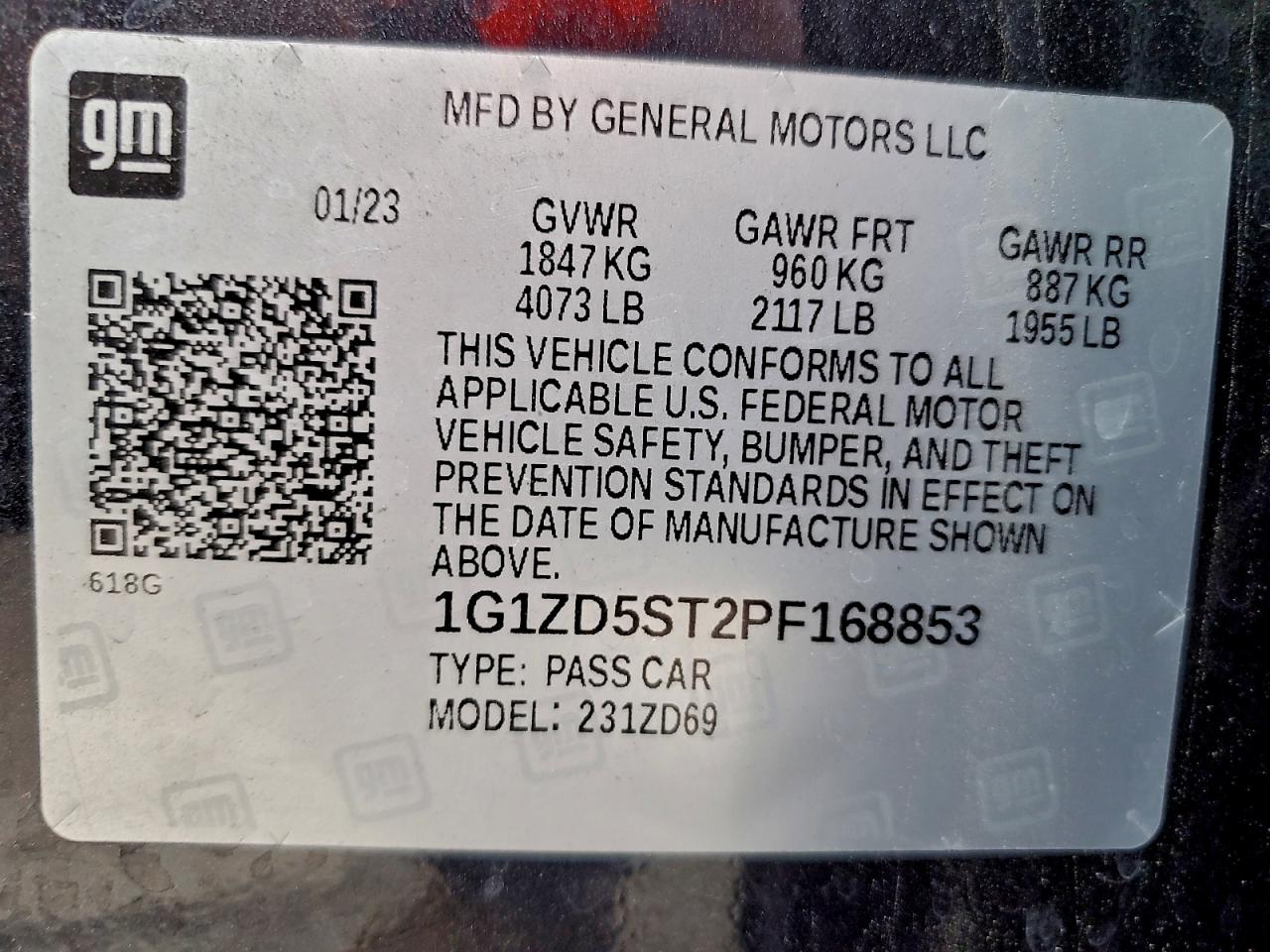 2023 Chevrolet Malibu Lt VIN: 1G1ZD5ST2PF168853 Lot: 94170195