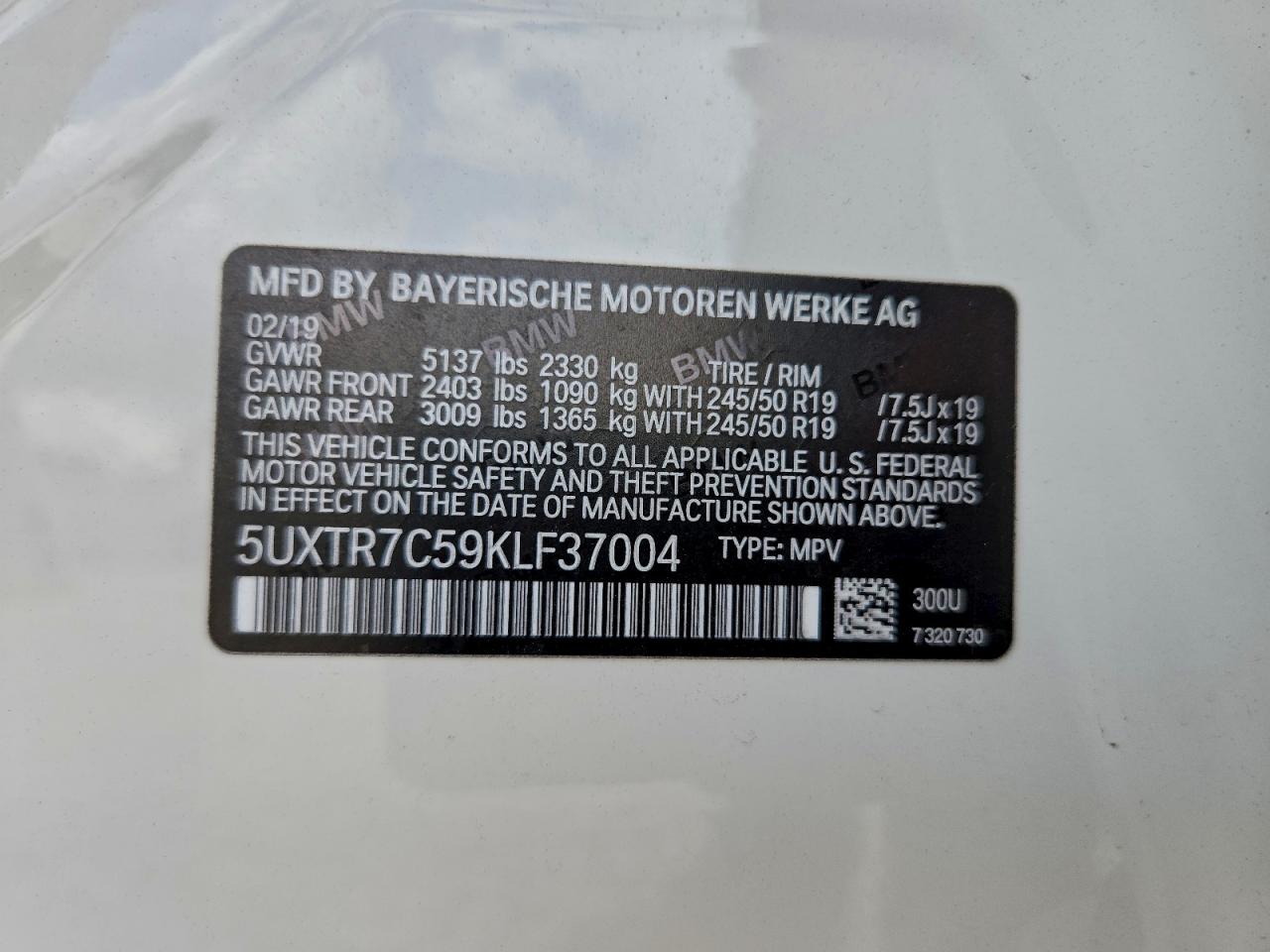 2019 BMW X3 Sdrive30I VIN: 5UXTR7C59KLF37004 Lot: 94281705