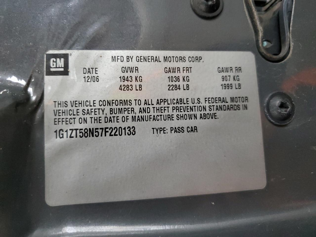 2007 Chevrolet Malibu Lt VIN: 1G1ZT58N57F220133 Lot: 85646355