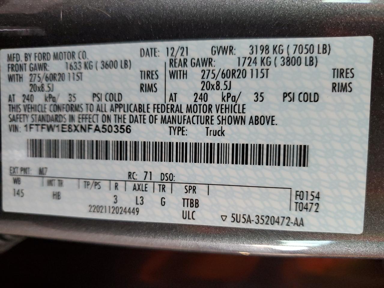 2022 Ford F150 Supercrew VIN: 1FTFW1E8XNFA50356 Lot: 92517035