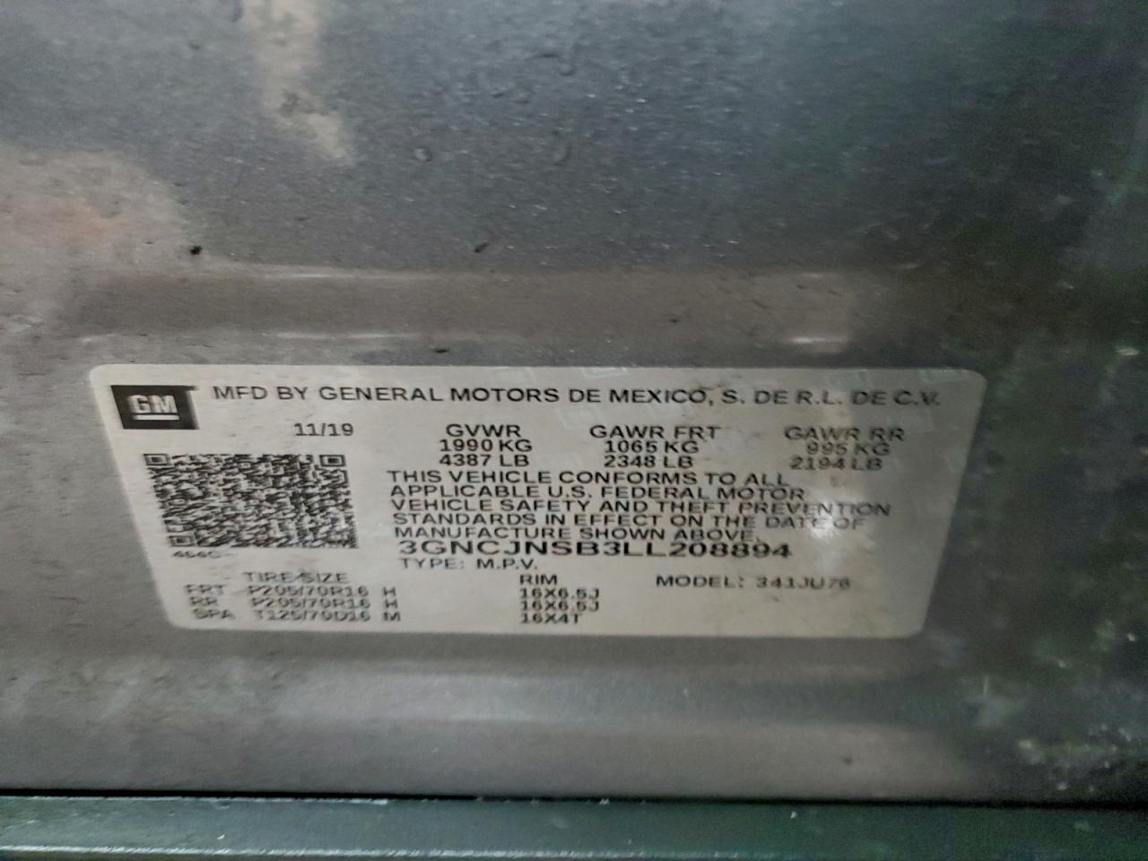 2020 Chevrolet Trax Ls VIN: 3GNCJNSB3LL208894 Lot: 93774215