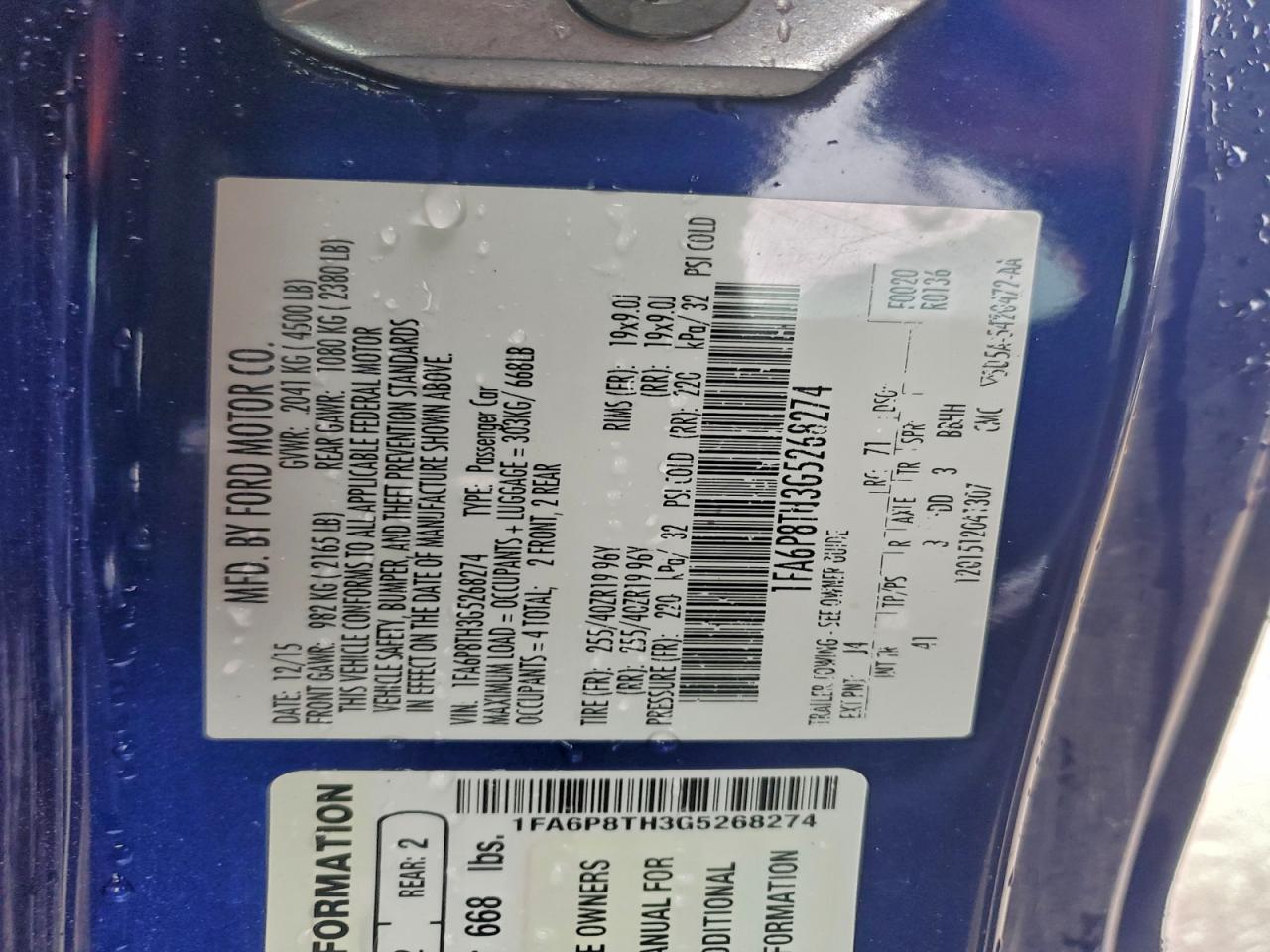 2016 Ford Mustang VIN: 1FA6P8TH3G5268274 Lot: 93758715