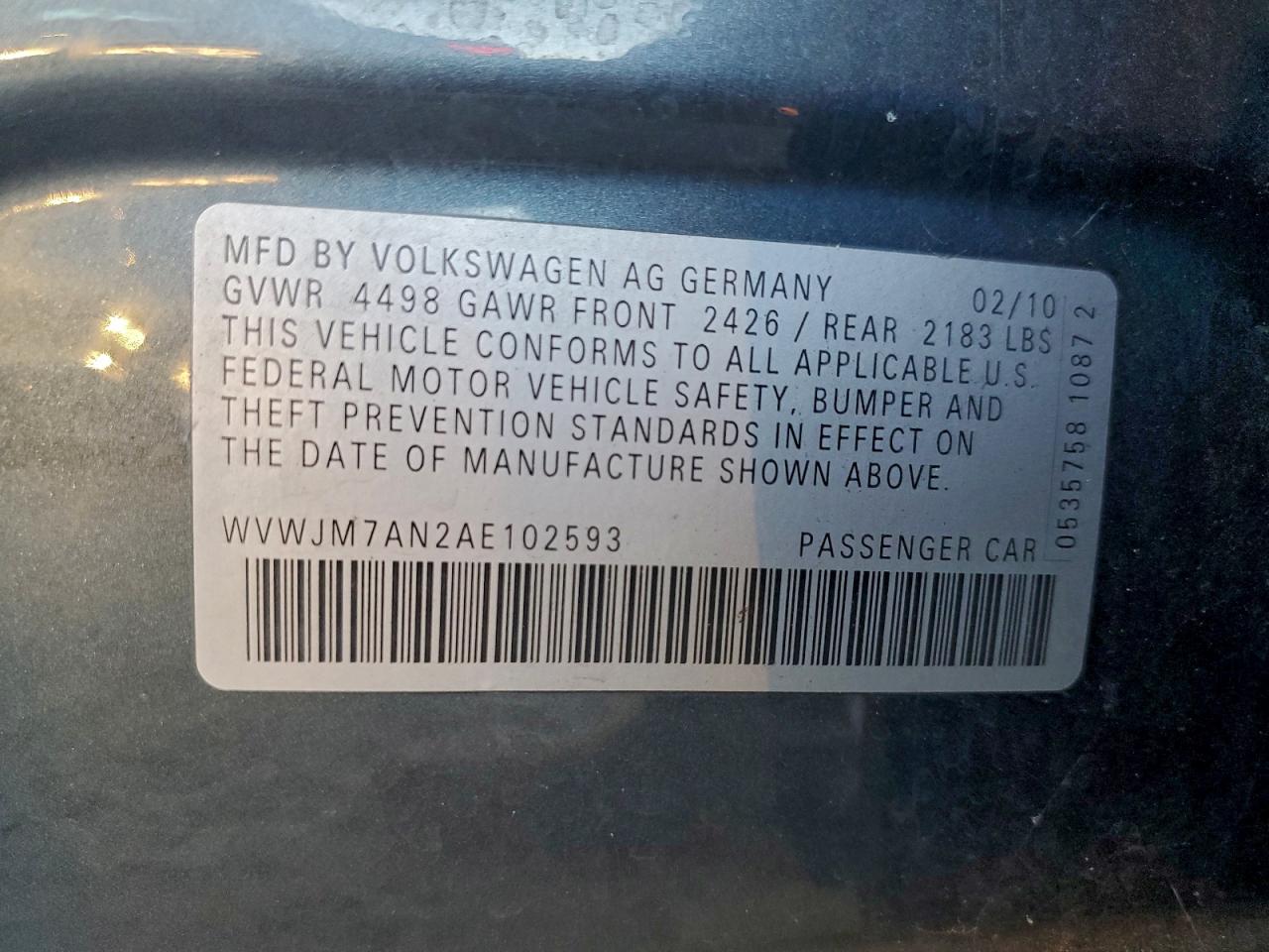 2010 Volkswagen Passat Komfort VIN: WVWJM7AN2AE102593 Lot: 85440265