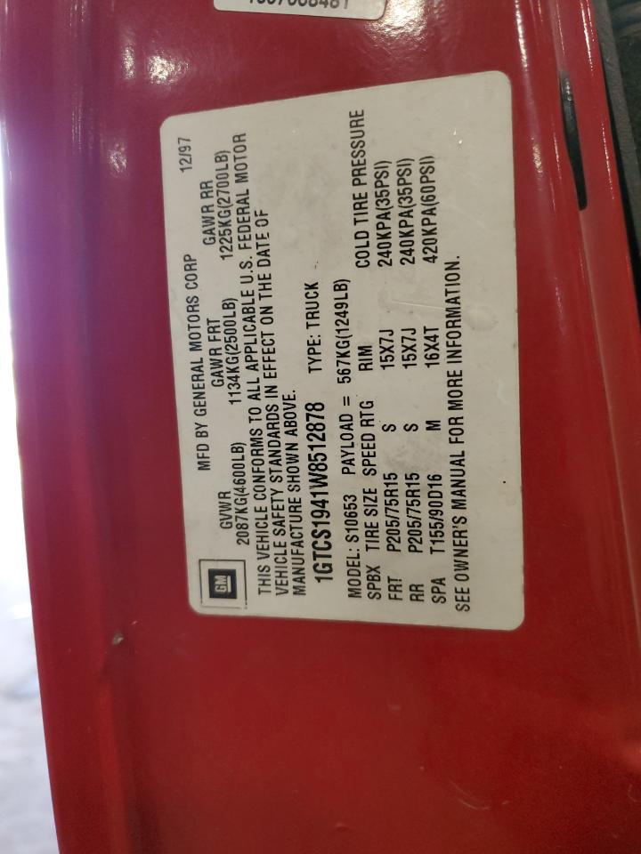 1998 GMC Sonoma VIN: 1GTCS1941W8512878 Lot: 90222395