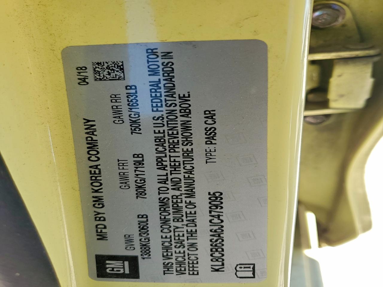 2018 Chevrolet Spark Ls VIN: KL8CB6SA6JC479095 Lot: 92597505