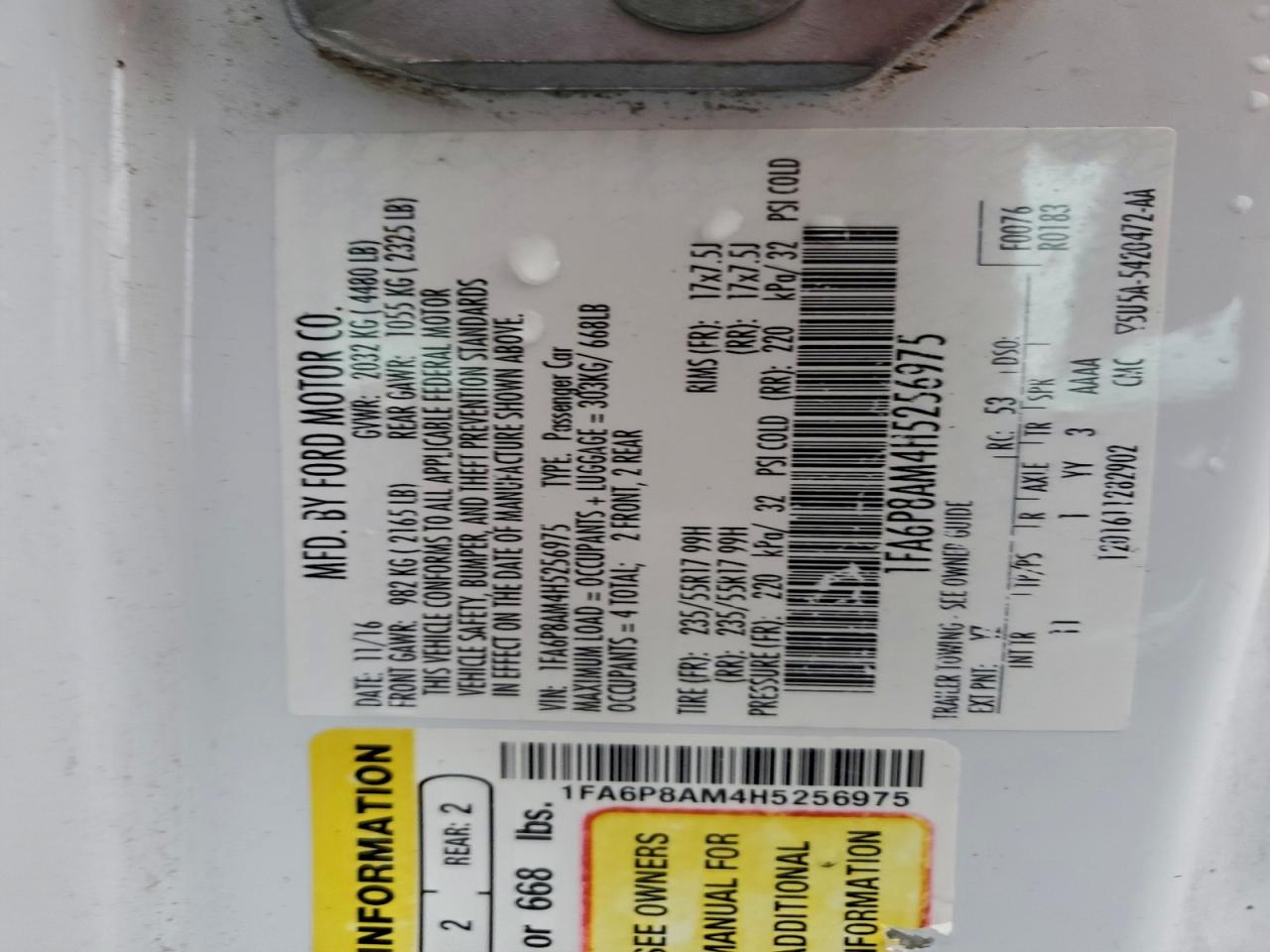 2017 Ford Mustang VIN: 1FA6P8AM4H5256975 Lot: 94328665