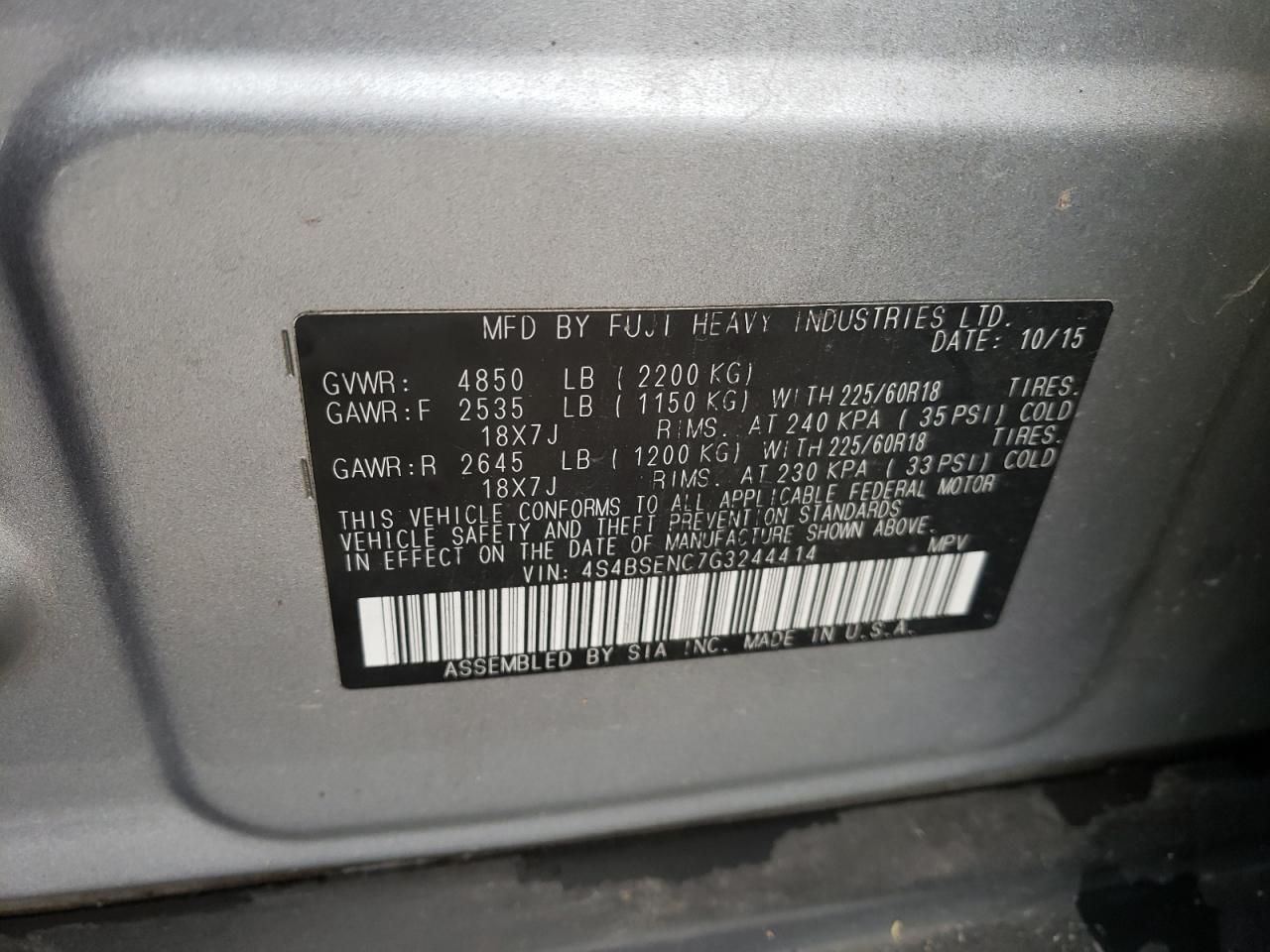 2016 Subaru Outback 3.6R Limited VIN: 4S4BSENC7G3244414 Lot: 93892825