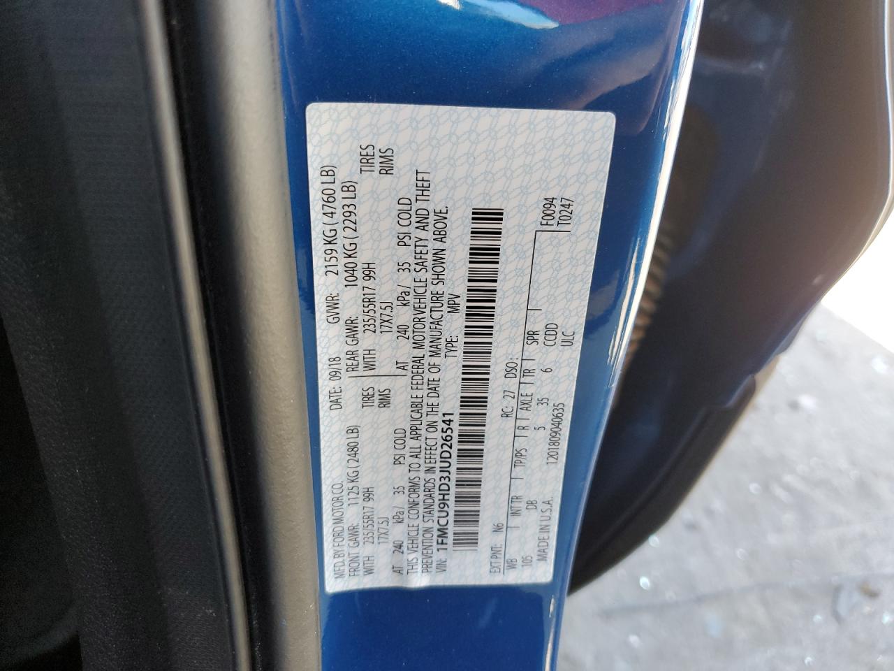 2018 Ford Escape Sel VIN: 1FMCU9HD3JUD26541 Lot: 91171685