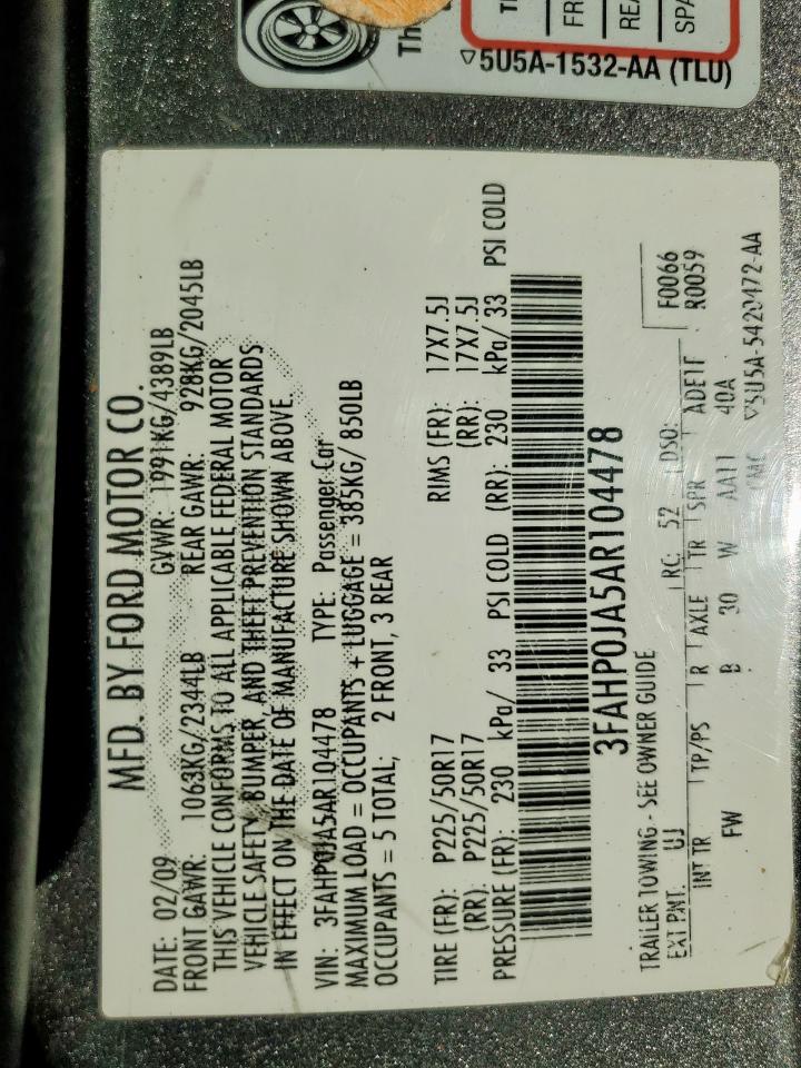 2010 Ford Fusion Sel VIN: 3FAHP0JA5AR104478 Lot: 91280815