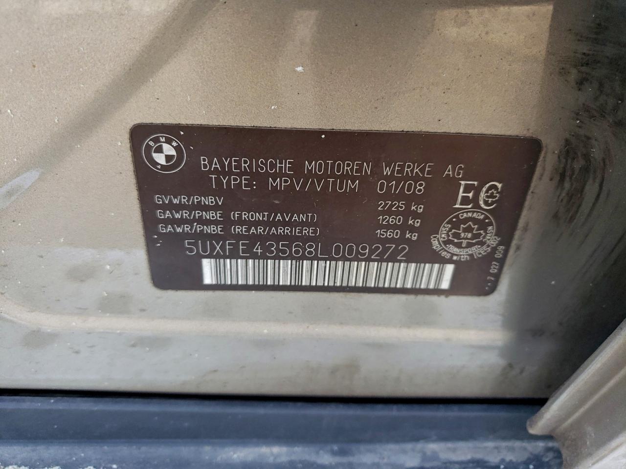 2008 BMW X5 3.0I VIN: 5UXFE43568L009272 Lot: 94266465