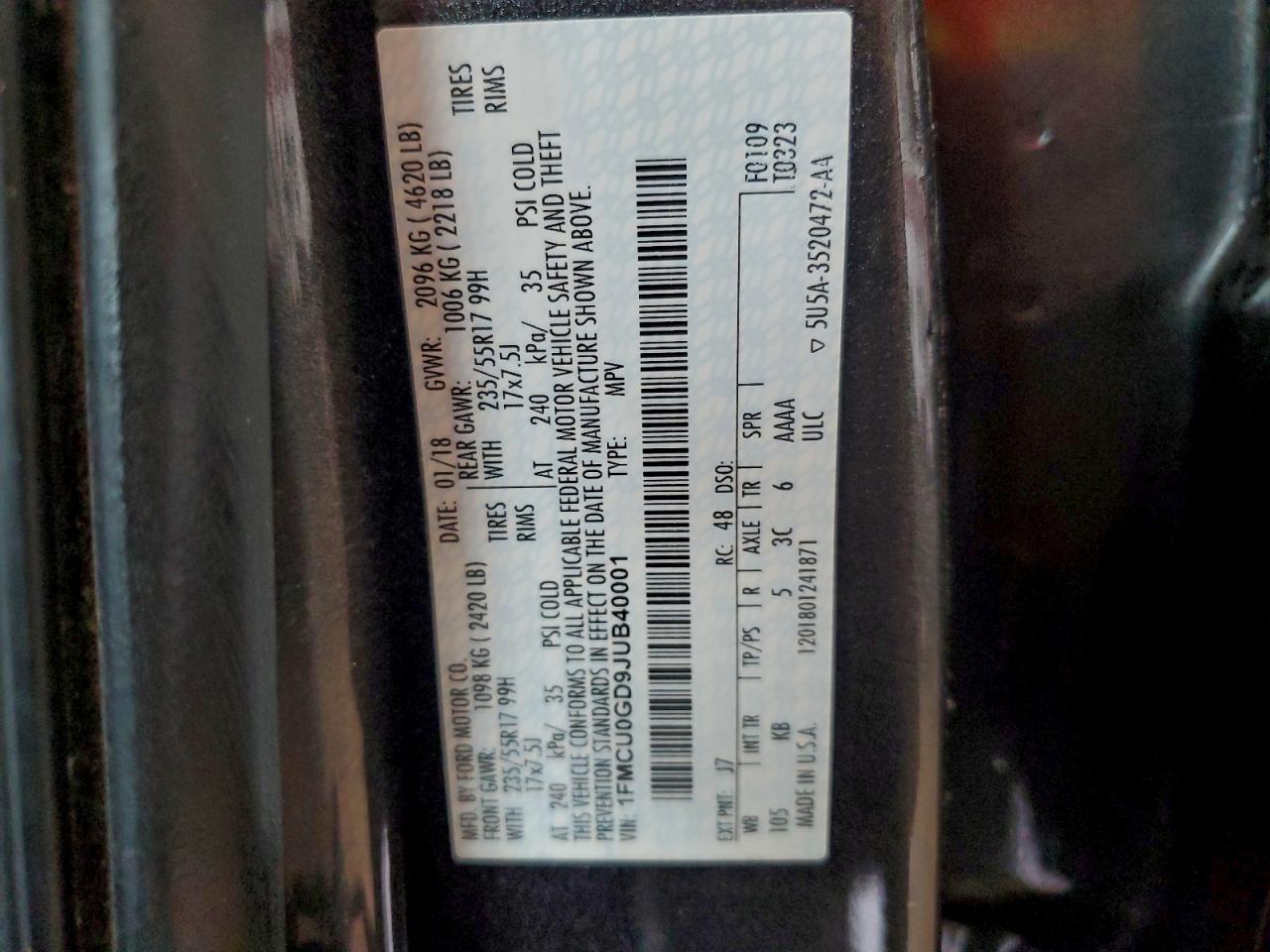 2018 Ford Escape Se VIN: 1FMCU0GD9JUB40001 Lot: 94093485