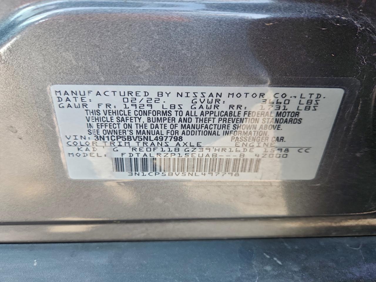 2022 Nissan Kicks S VIN: 3N1CP5BV5NL497798 Lot: 93881955