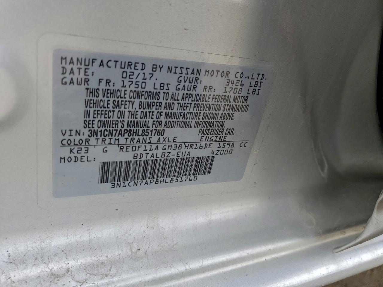 2017 Nissan Versa S VIN: 3N1CN7AP8HL851760 Lot: 94185045