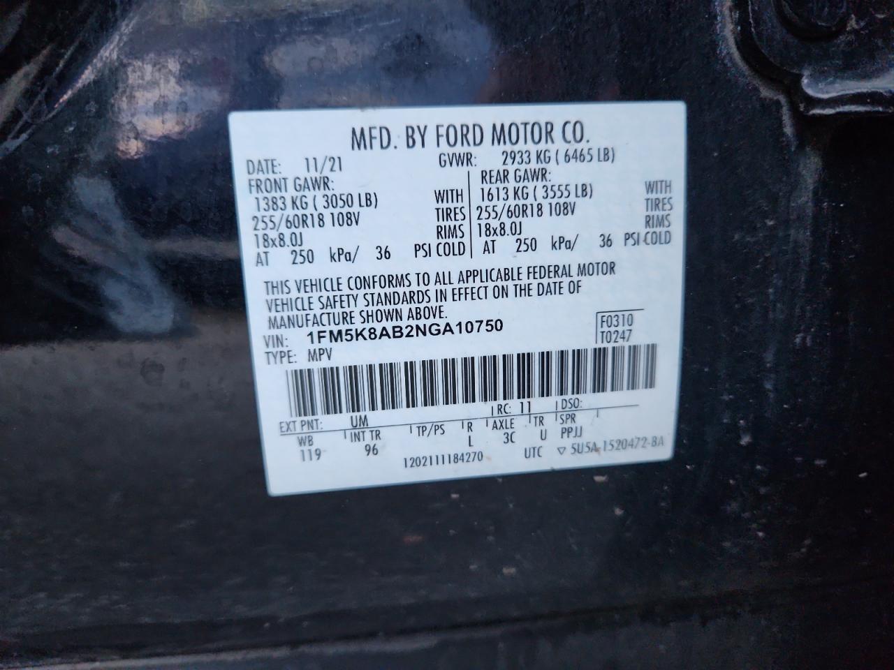 2022 Ford Explorer Police Interceptor VIN: 1FM5K8AB2NGA10750 Lot: 93104675