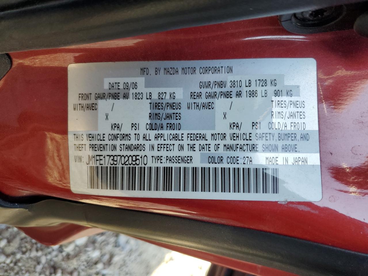 2007 Mazda Rx8 VIN: JM1FE173970209510 Lot: 91996865