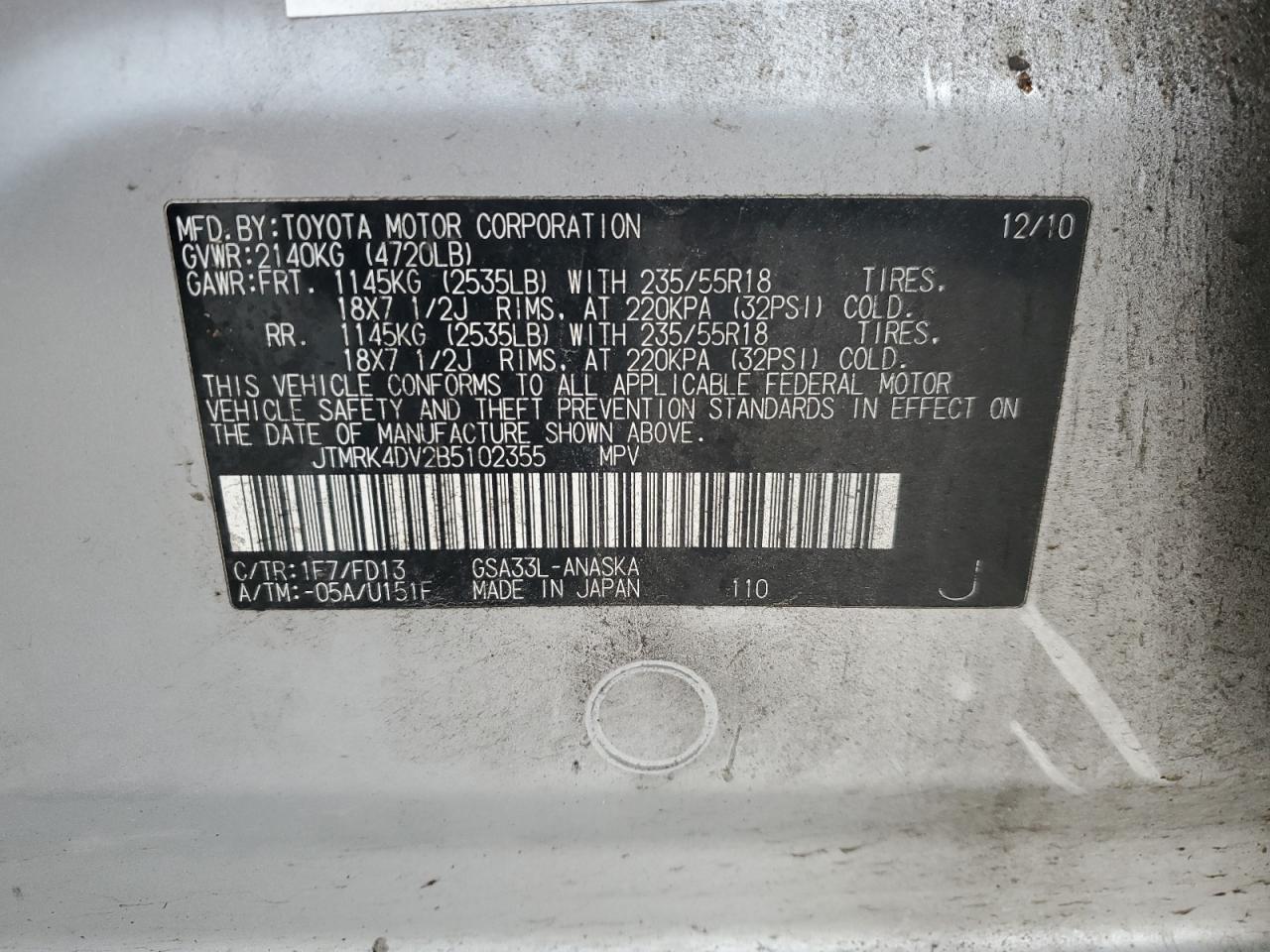 2011 Toyota Rav4 Sport VIN: JTMRK4DV2B5102355 Lot: 93293235