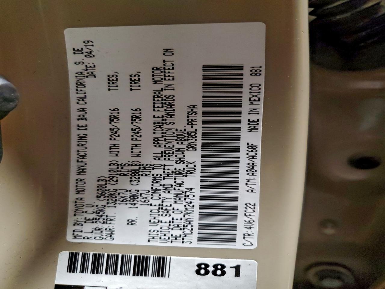 2019 Toyota Tacoma Double Cab VIN: 3TMCZ5AN7KM247574 Lot: 93059705