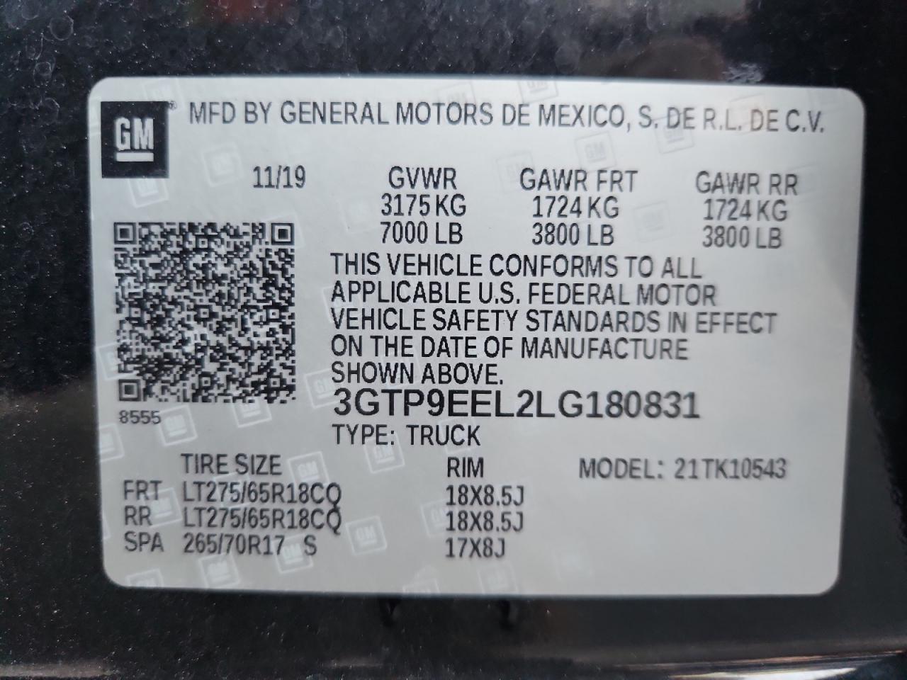 2020 GMC Sierra K1500 At4 VIN: 3GTP9EEL2LG180831 Lot: 91472725